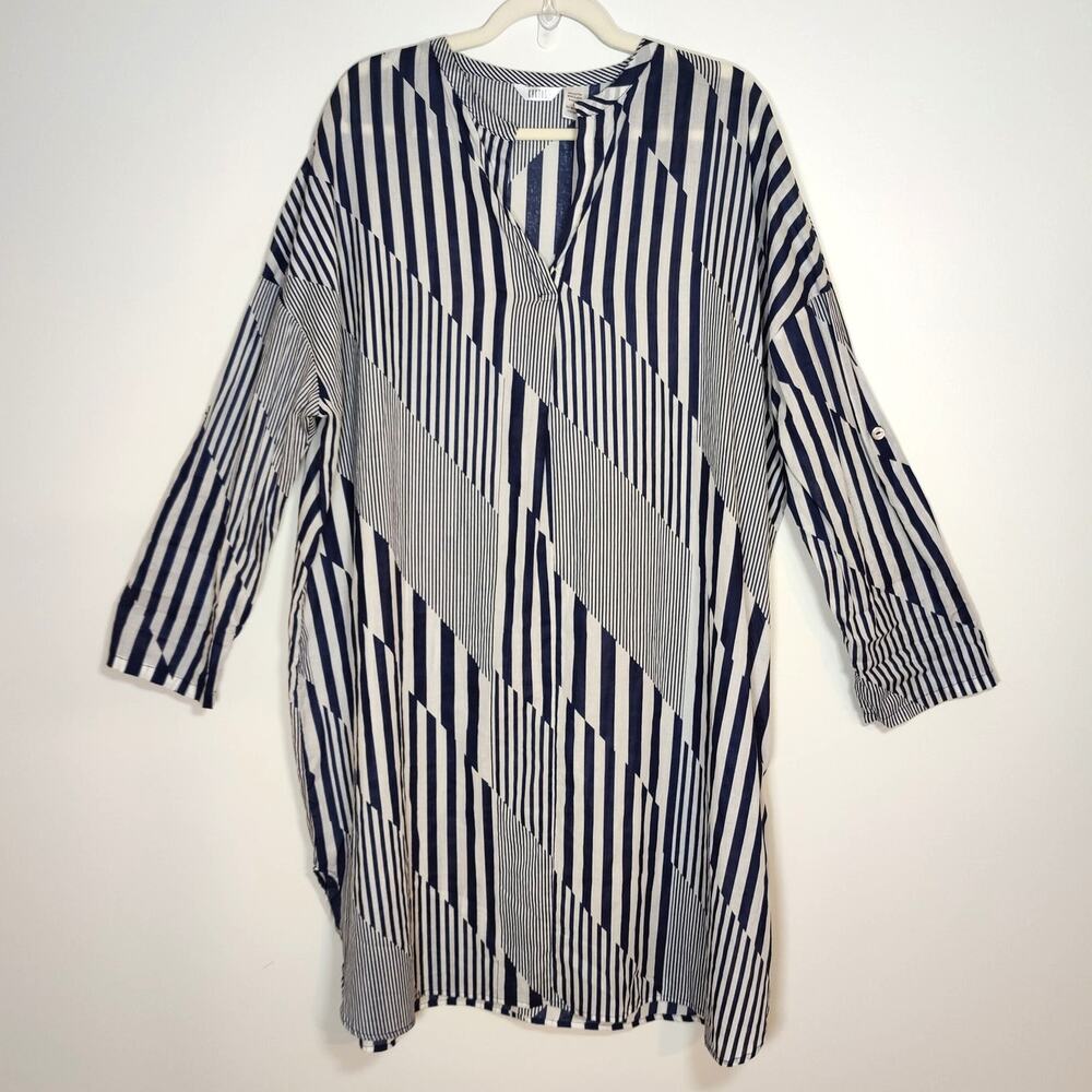 Sheer Navy White Cotton Shirtdress Cover Up Tunic Coastal Old Money L Beach Pool
